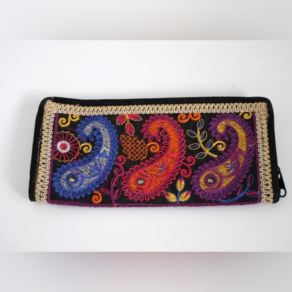 Vintage embroidered Paisley colourful Wallet Fabric mirror work 1990s 1980s